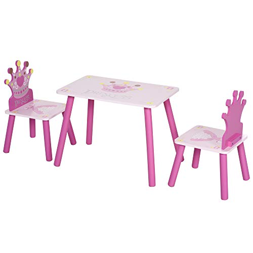 HOMCOM Juego de Mesa y 2 Sillas Infantiles de Madera Set de Mesa de Escritorio 55x34x42 cm y Sillas 28x26x50 cm para Niños + 3 Años para Salas de Juego Dormitorio de Niño Rosa