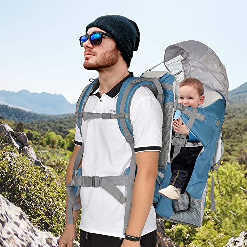 HOMCOM Mochila Portabebés Plegable Ajustable Portador de Bebé Ergonómica Manos Libres 6-36 Meses con Protector de Lluvia y Sol Carga 18 kg Gris y Azul