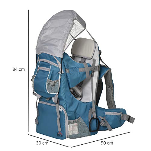 HOMCOM Mochila Portabebés Plegable Ajustable Portador de Bebé Ergonómica Manos Libres 6-36 Meses con Protector de Lluvia y Sol Carga 18 kg Gris y Azul
