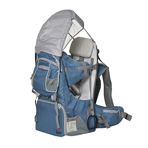 HOMCOM Mochila Portabebés Plegable Ajustable Portador de Bebé Ergonómica Manos Libres 6-36 Meses con Protector de Lluvia y Sol Carga 18 kg Gris y Azul