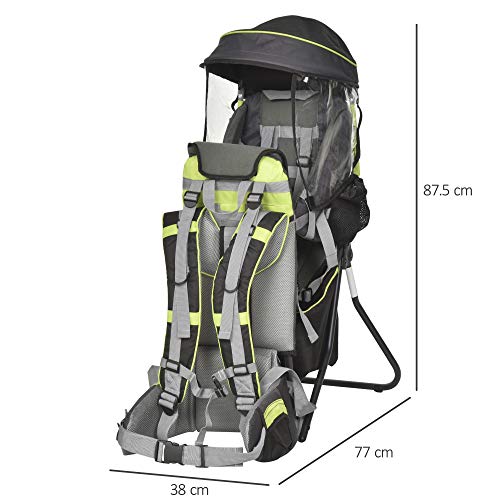 HOMCOM Mochila Portabebés Plegable Ergonómica Mochila Senderismo con Base de Soporte Múltiples Bolsillos para 6-36 Meses Carga 15 kg 38x77x87,5 cm Verde