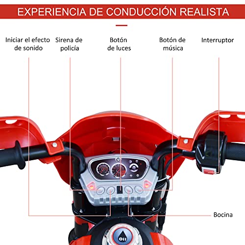 HOMCOM Moto de Batería Infantil Motocicleta Eléctrica para Niños de +3 Años con Luces Música y Ruedas de Apoyo 109x52,2x70,5 cm Rojo