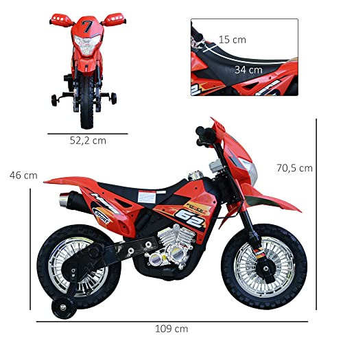 HOMCOM Moto de Batería Infantil Motocicleta Eléctrica para Niños de +3 Años con Luces Música y Ruedas de Apoyo 109x52,2x70,5 cm Rojo
