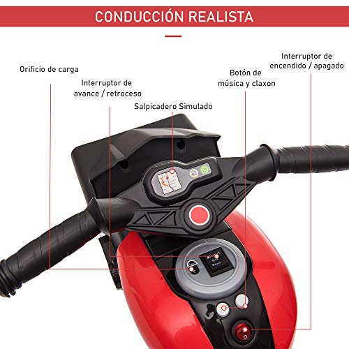 HOMCOM Moto Eléctrica Infantil con 3 Ruedas para +3 Años Triciclo con Pedal para Niños Batería 6V con Luces Música Neumáticos Anchos Velocidad 3 km/h 86x42x52 cm Rojo y Negro