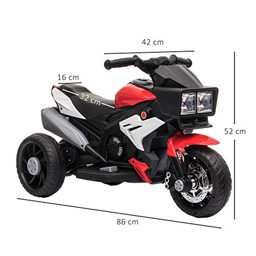 HOMCOM Moto Eléctrica Infantil con 3 Ruedas para +3 Años Triciclo con Pedal para Niños Batería 6V con Luces Música Neumáticos Anchos Velocidad 3 km/h 86x42x52 cm Rojo y Negro