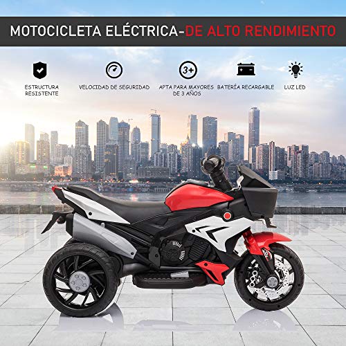 HOMCOM Moto Eléctrica Infantil con 3 Ruedas para +3 Años Triciclo con Pedal para Niños Batería 6V con Luces Música Neumáticos Anchos Velocidad 3 km/h 86x42x52 cm Rojo y Negro