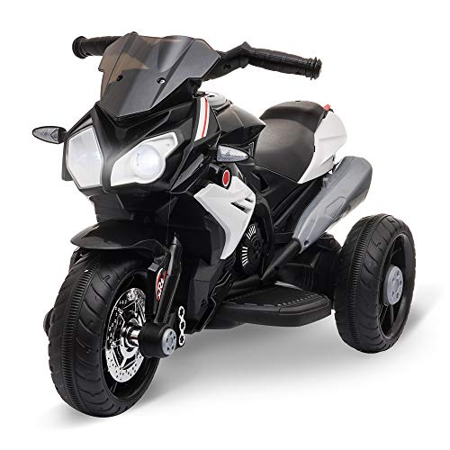 HOMCOM Moto Eléctrica Infantil con 3 Ruedas Trimoto para Niños de +3 Años con Batería 6V Recargable Funciones de Música Bocina Faros 86x42x52 cm Negro y Blanco