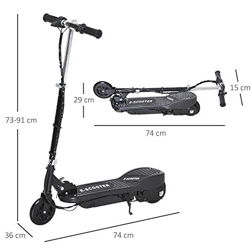 HOMCOM Patinete Eléctrico para Niños de +7 Años Scooter Plegable con Altura Ajustable Batería Recargable 24V Velocidad hasta 12 km/h y Freno Carga 50 kg 74x36x73-91 cm Negro