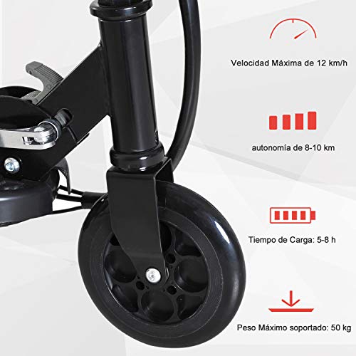 HOMCOM Patinete Eléctrico para Niños de +7 Años Scooter Plegable con Altura Ajustable Batería Recargable 24V Velocidad hasta 12 km/h y Freno Carga 50 kg 74x36x73-91 cm Negro