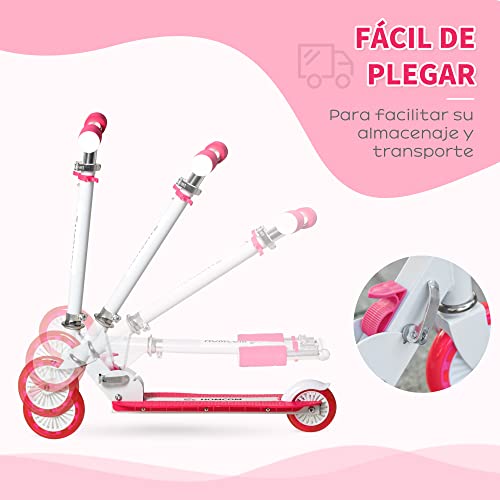 HOMCOM Patinete para Niños +3 Años Plegable Patinete Scooter con 2 Ruedas LED Manillar Altura Ajustable y Freno Posterior Carga 50 kg 61x32,3x67-77 cm Rosa y Blanco