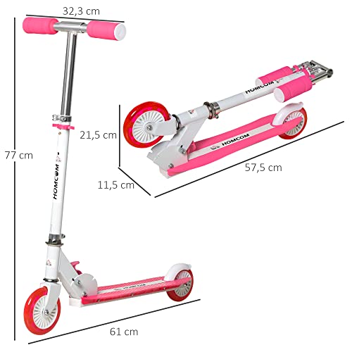 HOMCOM Patinete para Niños +3 Años Plegable Patinete Scooter con 2 Ruedas LED Manillar Altura Ajustable y Freno Posterior Carga 50 kg 61x32,3x67-77 cm Rosa y Blanco