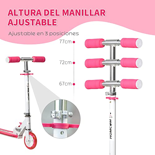 HOMCOM Patinete para Niños +3 Años Plegable Patinete Scooter con 2 Ruedas LED Manillar Altura Ajustable y Freno Posterior Carga 50 kg 61x32,3x67-77 cm Rosa y Blanco