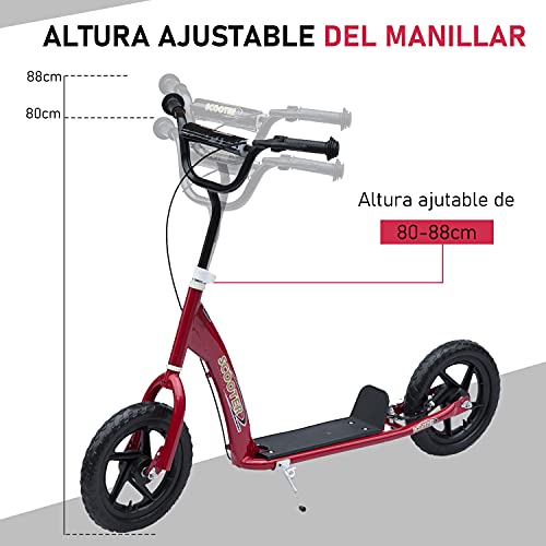 HOMCOM Patinete para Niños de +5 Años Scooter de 2 Ruedas Grandes de 12 Pulgadas con Freno y Manillar Ajustable en Altura Carga Máx. 50 kg 120x52x80-88 cm Rojo