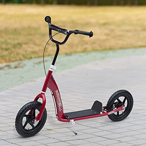 HOMCOM Patinete para Niños de +5 Años Scooter de 2 Ruedas Grandes de 12 Pulgadas con Freno y Manillar Ajustable en Altura Carga Máx. 50 kg 120x52x80-88 cm Rojo