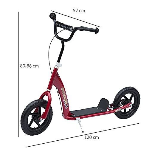 HOMCOM Patinete para Niños de +5 Años Scooter de 2 Ruedas Grandes de 12 Pulgadas con Freno y Manillar Ajustable en Altura Carga Máx. 50 kg 120x52x80-88 cm Rojo