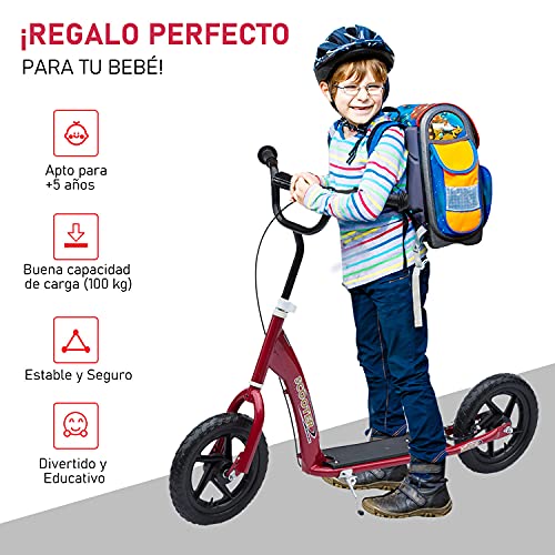 HOMCOM Patinete para Niños de +5 Años Scooter de 2 Ruedas Grandes de 12 Pulgadas con Freno y Manillar Ajustable en Altura Carga Máx. 50 kg 120x52x80-88 cm Rojo