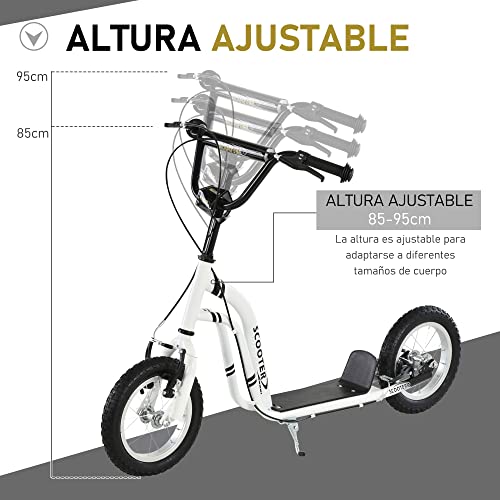 HOMCOM Patinete para Niños Mayores de 5 Años Scooter 2 Neumáticos Inflables de Caucho con Frenos Manillar Ajustable Pedal Antideslizante 120x58x85-95 cm Blanco