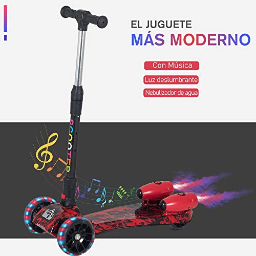 HOMCOM Patinete para Niños Scooter Plegable con Altura Ajustable de 4 Niveles y Música Luces y Nebulizador de Agua +3 Años 62x27x63-81 cm Rojo