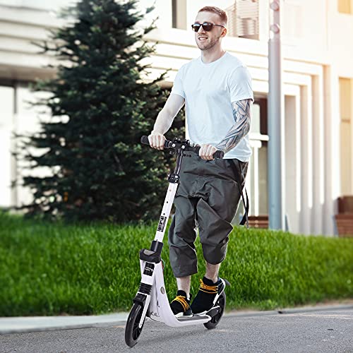 HOMCOM Patinete Plegable para Adultos y Niños +14 años Scooter con Manillar Altura Ajustable Tipo Monopatín con Freno Grandes Ruedas Carga 100kg 93,5x38x95-105cm Blanco