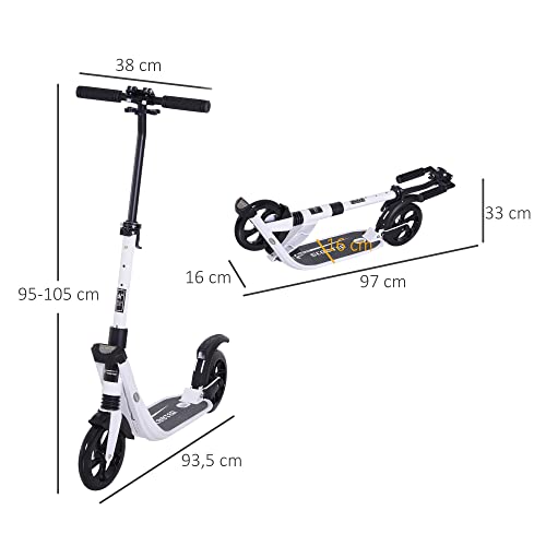 HOMCOM Patinete Plegable para Adultos y Niños +14 años Scooter con Manillar Altura Ajustable Tipo Monopatín con Freno Grandes Ruedas Carga 100kg 93,5x38x95-105cm Blanco