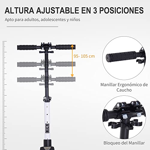 HOMCOM Patinete Plegable para Adultos y Niños +14 años Scooter con Manillar Altura Ajustable Tipo Monopatín con Freno Grandes Ruedas Carga 100kg 93,5x38x95-105cm Blanco