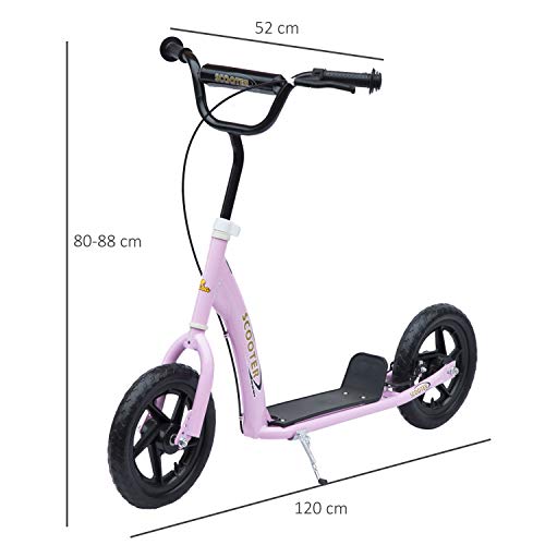 HOMCOM Patinete Scooter 2 Ruedas 12 Pulgadas Monopatín para Niños y Adultos Manillar Ajustable con Freno y Caballete Carga 100kg 120x52x80-88cm Acero