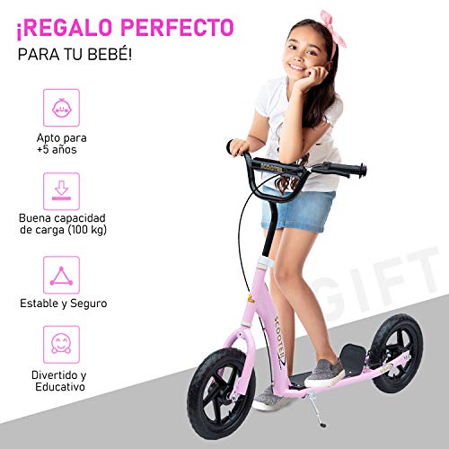 HOMCOM Patinete Scooter 2 Ruedas 12 Pulgadas Monopatín para Niños y Adultos Manillar Ajustable con Freno y Caballete Carga 100kg 120x52x80-88cm Acero