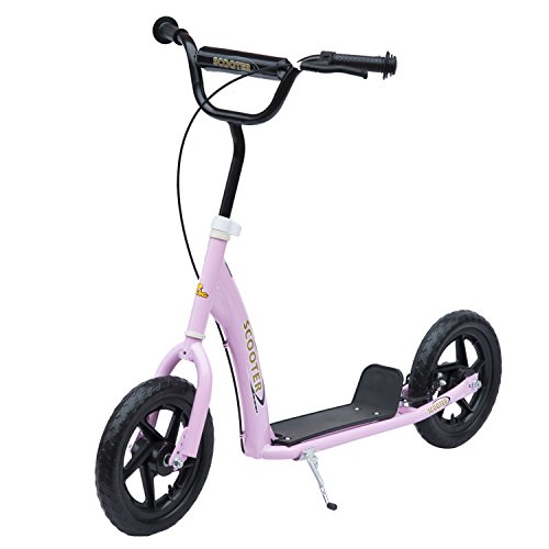 HOMCOM Patinete Scooter 2 Ruedas 12 Pulgadas Monopatín para Niños y Adultos Manillar Ajustable con Freno y Caballete Carga 100kg 120x52x80-88cm Acero