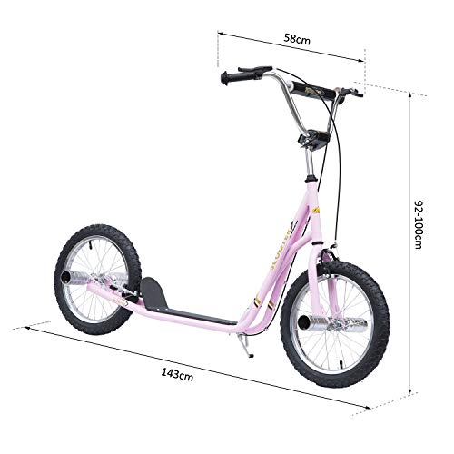 HOMCOM Patinete Scooter 2 Ruedas 16 Pulgadas Monopatín para Niños y Adultos Manillar Ajustable con 2 Frenos y Caballete Carga 100kg 143x58x92-100cm Rosa