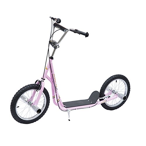 HOMCOM Patinete Scooter 2 Ruedas 16 Pulgadas Monopatín para Niños y Adultos Manillar Ajustable con 2 Frenos y Caballete Carga 100kg 143x58x92-100cm Rosa