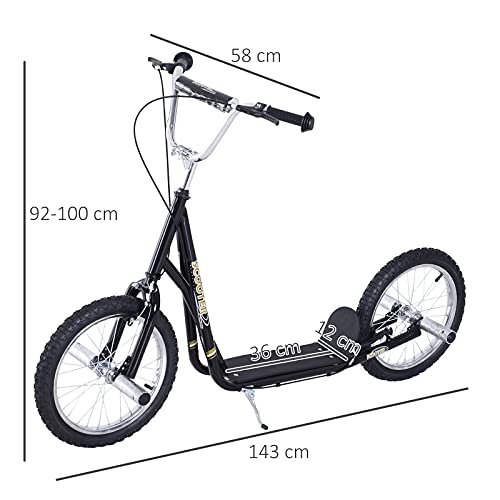 HOMCOM Patinete Scooter para Niños de +5 Años con Neumáticos Inflables Grandes de 16 Pulgadas con Frenos y Manillar Ajustable en Altura 143x58x92-100 cm Negro