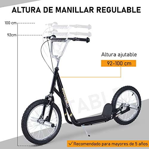 HOMCOM Patinete Scooter para Niños de +5 Años con Neumáticos Inflables Grandes de 16 Pulgadas con Frenos y Manillar Ajustable en Altura 143x58x92-100 cm Negro