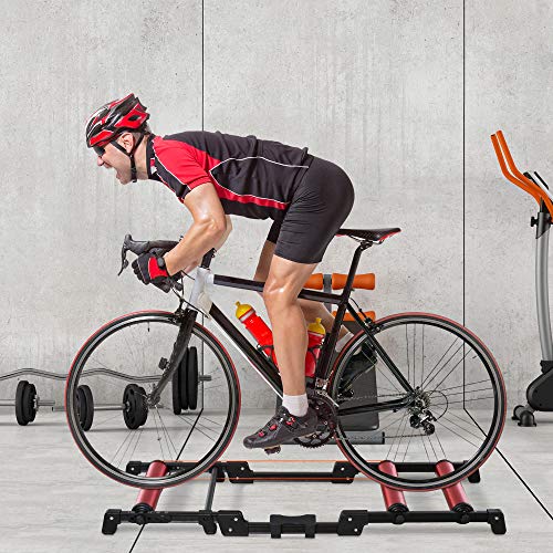 HOMCOM Rodillos para Bicicletas Entrenamiento en Interiores Rodillo Ciclismo Plegable Ajustable con Pedal Cinta Transportadora Soporta hasta 150 kg 146x55x10,5 cm Rojo y Negro