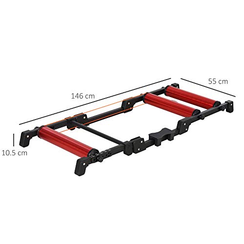 HOMCOM Rodillos para Bicicletas Entrenamiento en Interiores Rodillo Ciclismo Plegable Ajustable con Pedal Cinta Transportadora Soporta hasta 150 kg 146x55x10,5 cm Rojo y Negro