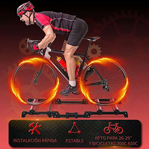 HOMCOM Rodillos para Bicicletas Entrenamiento en Interiores Rodillo Ciclismo Plegable Ajustable con Pedal Cinta Transportadora Soporta hasta 150 kg 146x55x10,5 cm Rojo y Negro