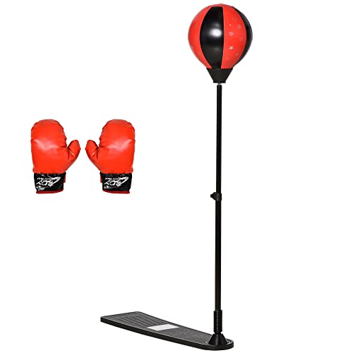 HOMCOM Saco de Boxeo para Niños +3 Años Altura Ajustable con Guantes e Inflador Soporte de Metal Base Tipo Pedal 68x18,5x86-125 cm Rojo y Negro