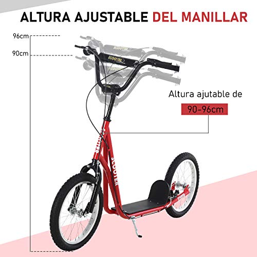 HOMCOM Scooter Patinete para Niños Mayores de 5 Años con Manillar Ajustable en Altura 2 Neumáticos de Caucho Inflable con Doble Freno Carga 100 kg 139x58x90-96 cm Rojo