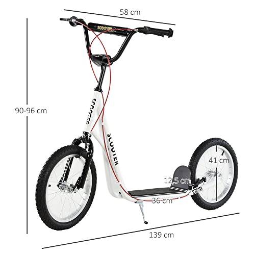 HOMCOM Scooter Patinete para Niños Mayores de 5 Años con Manillar Ajustable en Altura 2 Neumáticos de Caucho Inflable con Doble Freno Carga 100 kg 139x58x90-96 cm Blanco