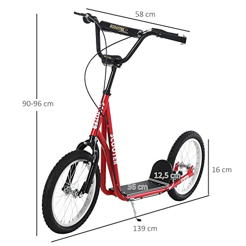 HOMCOM Scooter Patinete para Niños Mayores de 5 Años con Manillar Ajustable en Altura 2 Neumáticos de Caucho Inflable con Doble Freno Carga 100 kg 139x58x90-96 cm Rojo