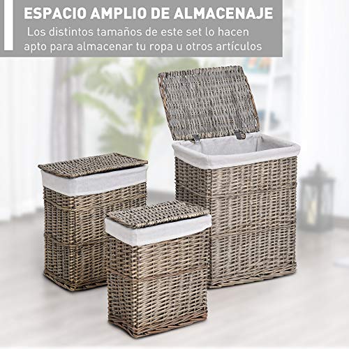 HOMCOM Set de 3 Cesto para Ropa Sucia Mimbre Canastas de Almacenamiento con Tapas y Forros Extraíbles Grueso Gris