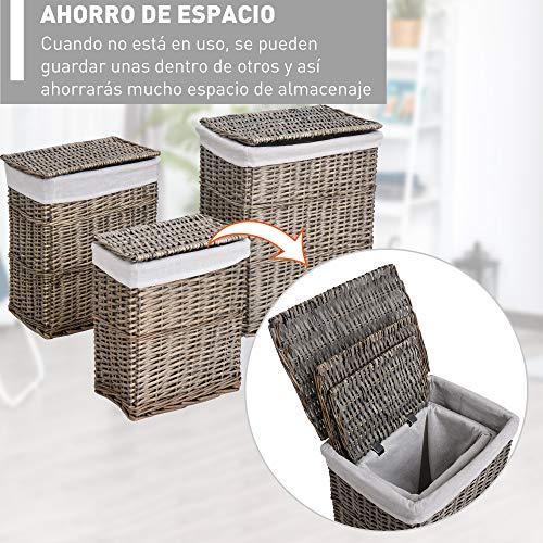 HOMCOM Set de 3 Cesto para Ropa Sucia Mimbre Canastas de Almacenamiento con Tapas y Forros Extraíbles Grueso Gris