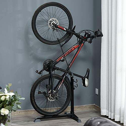 HOMCOM Soporte para Colocar Bicicleta en Vertical Caballete de Bicicleta Ajustable en Altura con Correa de Fijación Fácil de Transportar Soporta 30 kg 66x56x63-77,5 cm Negro