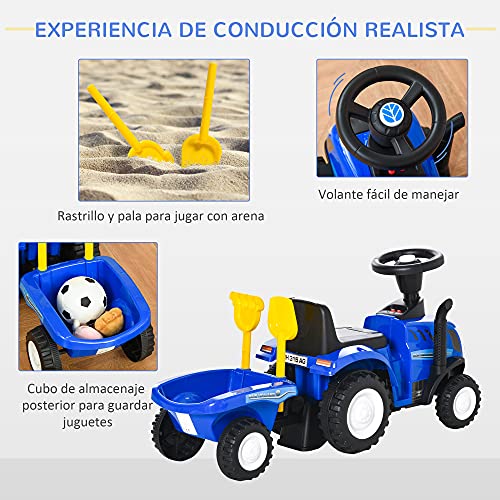 HOMCOM Tractor para Niños de 12-36 Meses con Remolque Extraíble Coche Correpasillos con Bocina Faros Pala y Rastrillo Carga 25 kg 91x29x44 cm Azul