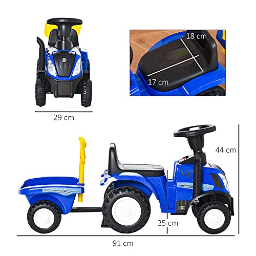 HOMCOM Tractor para Niños de 12-36 Meses con Remolque Extraíble Coche Correpasillos con Bocina Faros Pala y Rastrillo Carga 25 kg 91x29x44 cm Azul