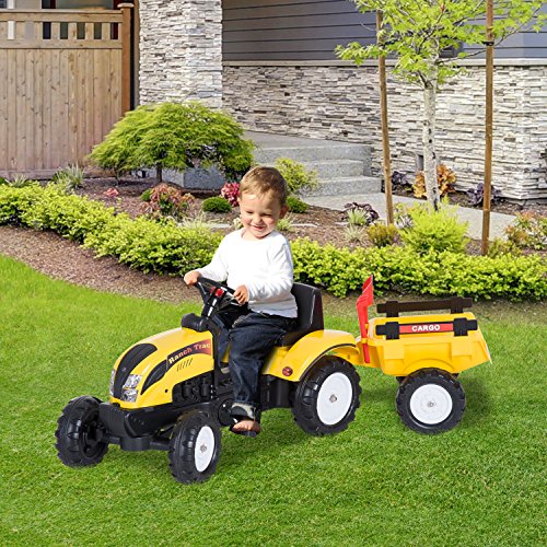 HOMCOM Tractor Pedal con Remolque para Niños 3 Años Juguete de Montar Coche de Pedales Carga 35kg 133x42x51cm Hierro y Plástico