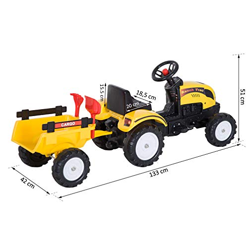 HOMCOM Tractor Pedal con Remolque para Niños 3 Años Juguete de Montar Coche de Pedales Carga 35kg 133x42x51cm Hierro y Plástico