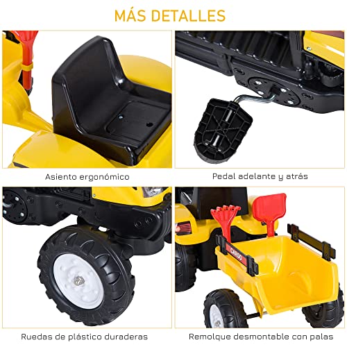 HOMCOM Tractor Pedal con Remolque para Niños 3 Años Juguete de Montar Coche de Pedales Carga 35kg 133x42x51cm Hierro y Plástico