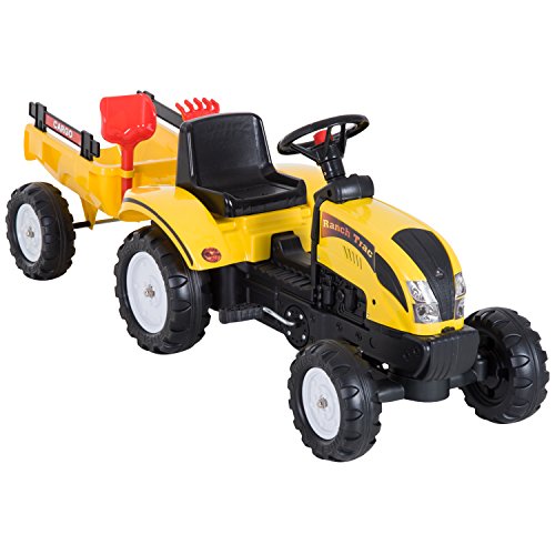 HOMCOM Tractor Pedal con Remolque para Niños 3 Años Juguete de Montar Coche de Pedales Carga 35kg 133x42x51cm Hierro y Plástico