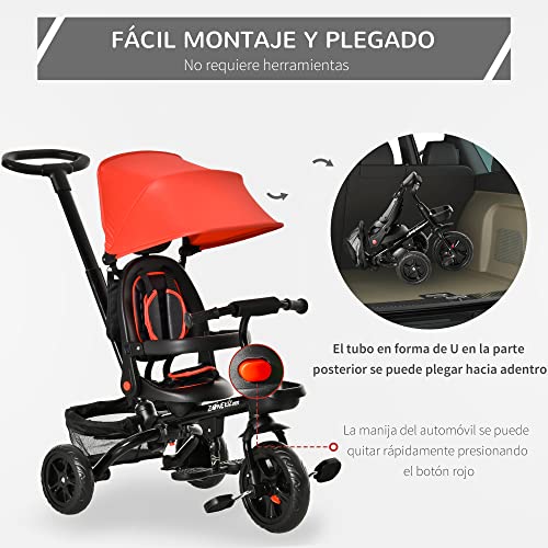 HOMCOM Triciclo Bebé 4 en 1 Bicicleta para Niños 1-5 Años con Asiento Giratorio Capota Ajustable Mango de Empuje Telescópico y Reposapiés Plegable 111,5x52x98 cm Rojo