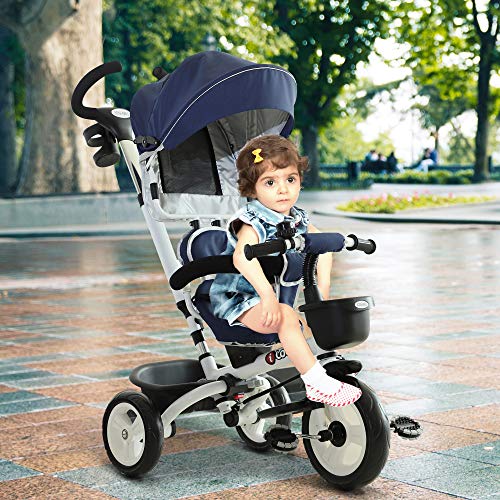 HOMCOM Triciclo Bebé 4 en 1 Trolley Trike Bicicletas para Niños +18 Mes Evolutivo Asiento Giratorio Capota Barra Desmontable Control Parental Juguete Aprendizaje